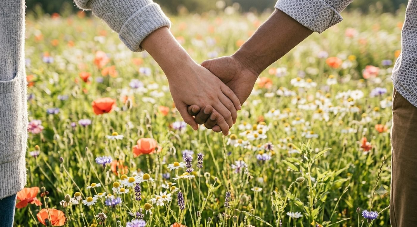 A couple holding hands, walking through a wildflower field