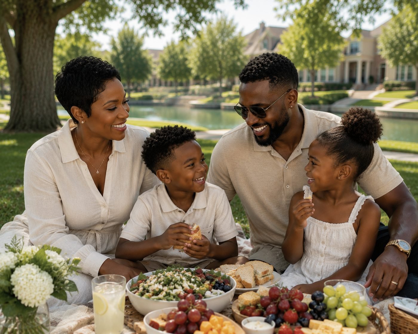 A family enjoying a picnic together outdoors, laughing and sharing a meal