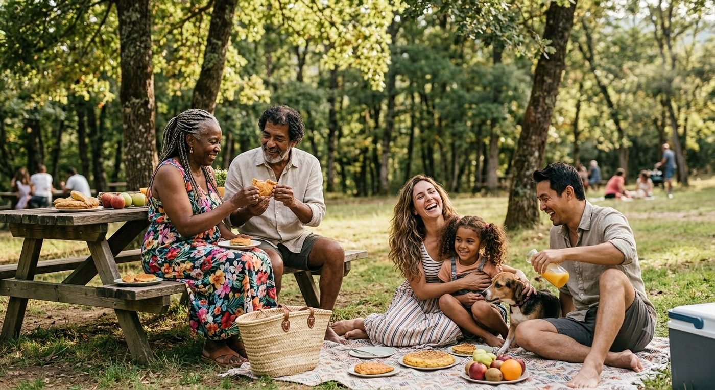 An extended, multigenerational family sharing a picnic together outdoors