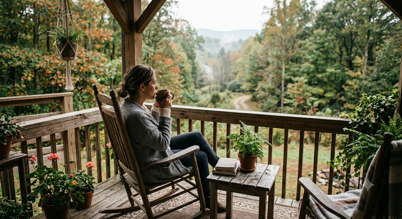 A woman sitting on a porch overlooking the woods, drinking coffee